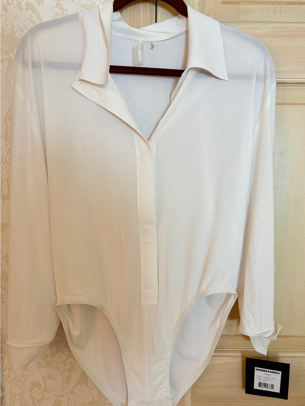 Norma Kamali Cream Collared Long-Sleeve Bodysuit